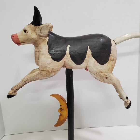 Set of 2 Flying Pig & Cow Jumped Over Moon Carved Wood Figurines Folk Art Vtg? - Picture 6 of 16